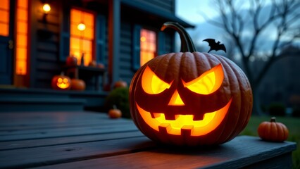 Fototapeta premium Spooky carved pumpkin on porch at halloween