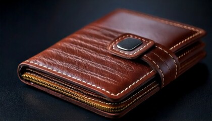 stylish brown leather wallet with button and zipper