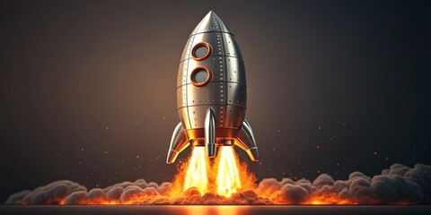 Vintage Rocket Launching With Flames and Smoke, Space travel, Startup