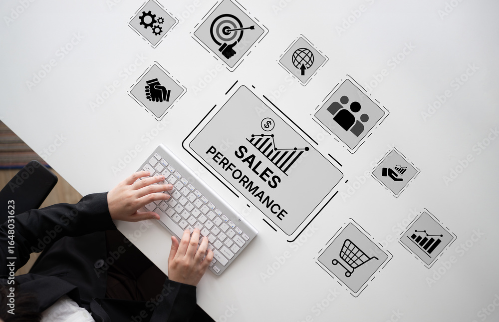 Poster digital sales performance dashboard showing sales performance metrics, performance trends, sales per