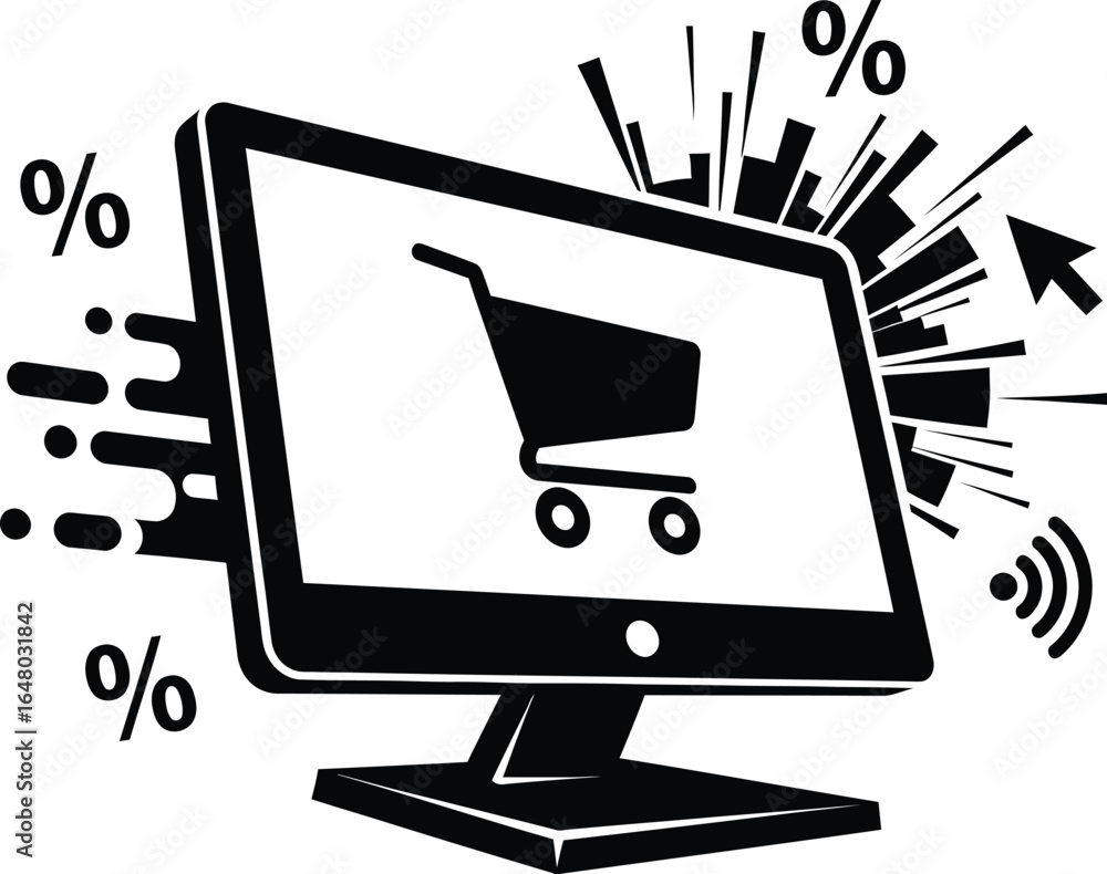 Poster vector art of computer screen displaying a shopping cart with percentage symbols indicating discount
