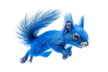A vibrant blue squirrel leaps playfully, showcasing its fluffy fur and lively expression against a transparent background.