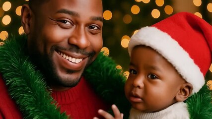 A black father and baby in Santa hat smiling together in a warmly lit Christmas setting - festive family love and multicultural holiday joy - Powered by Adobe