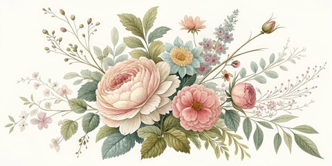 Watercolor Floral Bouquet Pink Roses and Wildflowers, Botanical , Artwork