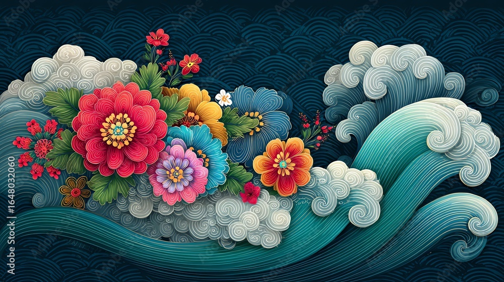 Poster a vibrant floral arrangement bursts forth from stylized waves, creating a dynamic composition of col