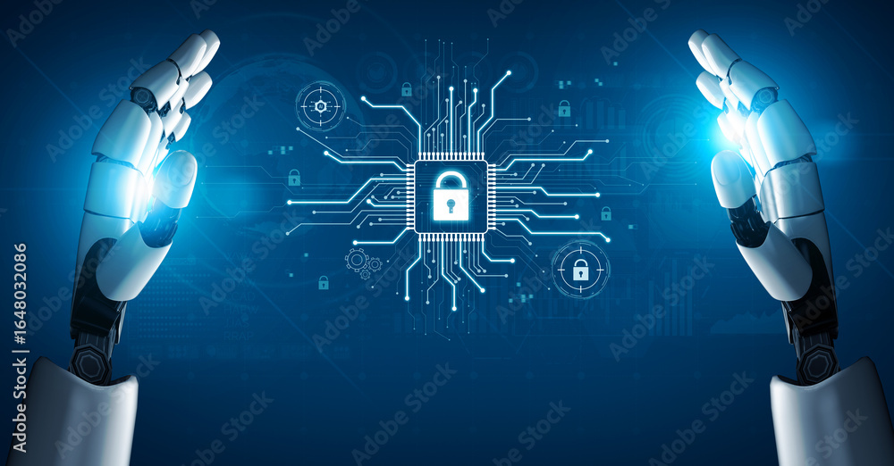 Poster ai safeguarding cyber security system, monitoring threats, analyzing attack patterns, and securing d