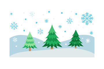 Three green pine trees stand in a snowy landscape under a dark sky with falling snowflakes