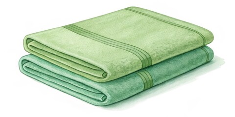 Watercolor Painting of Folded Green Towels, Textiles ,Bathroom