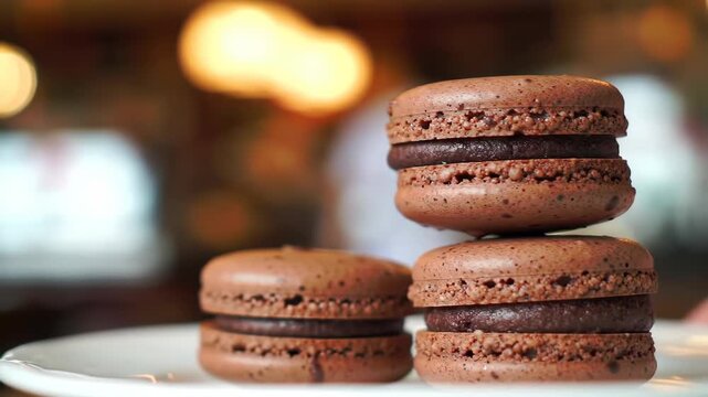 Close up of a stack of delectable chocolate macarons being placed on a plate in a restaurant setting, perfect for showcasing desserts and gourmet cuisine, slow motion
