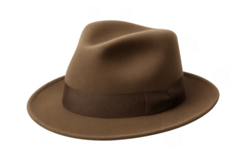 Classic brown fedora hat with darker ribbon on transparent background