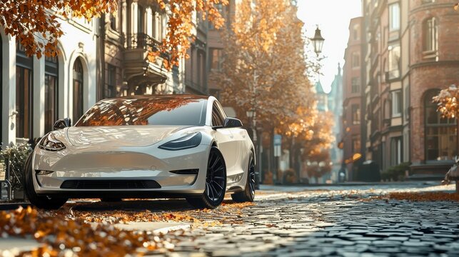 White electric car parked on a cobblestone street lined with historic buildings and autumn trees, symbolizing modern technology in a classic urban setting.