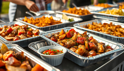 Outdoor catering of fajitas and other Mexican food in aluminum trays, hyperrealism. White tone