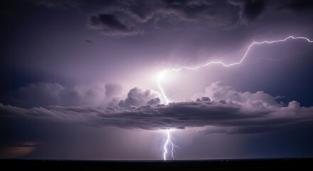 Intense lightning strike illuminates stormy night sky with dramatic clouds
