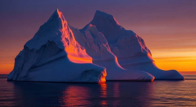 Majestic icebergs at sunset with vibrant colors reflecting on calm ocean waters - Powered by Adobe