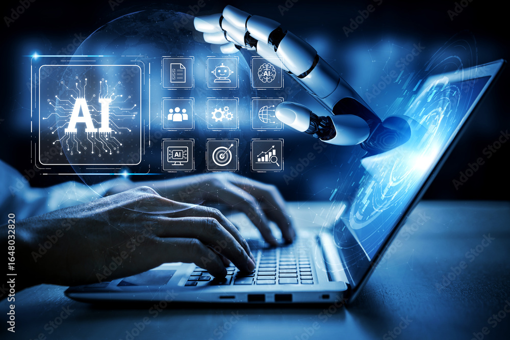 Poster ai brain processes big data with generative ai, llms, and machine learning to support business decis