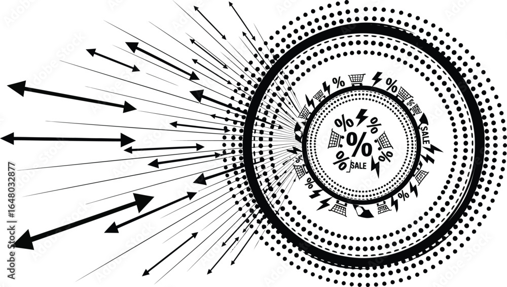 Poster vector art of abstract circular explosion with arrows and percentage symbols isolated on white backg