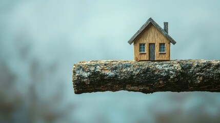 Miniature wooden house placed on a tree branch against a blurred background, symbolizing balance, fragility, and creative concepts of home and nature.