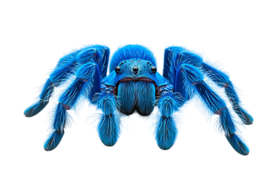 A vibrant blue spider with fluffy textures, showcasing its intricate features and striking color against a dark background.