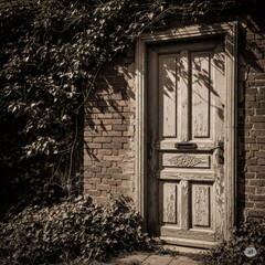Old wooden door with peeling paint on brick wall covered by ivy