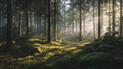 Obraz premium Serene woodland scene bathed in golden light HD photos