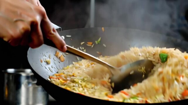 Cooking fried rice A close-up shot of the chef stir-frying rice in a wok, a culinary experience.