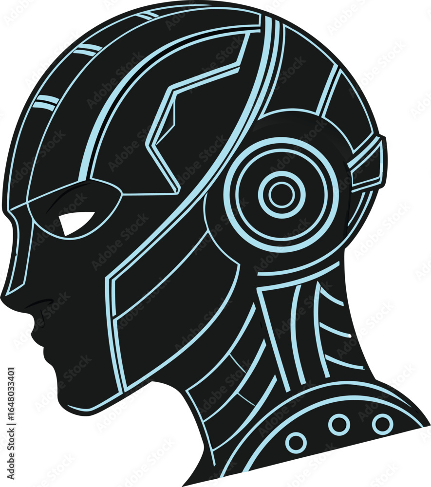 Poster futuristic ai cybernetic guardian faceplate with symmetrical geometric patterns and advanced technol