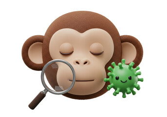 Isolated Cartoon Monkey Face with Magnifying Glass and Virus