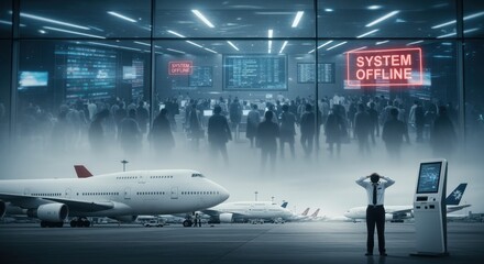 Airline crisis grounded planes and digital chaos at a major international airport due to a massive cyberattack on flight management systems. Cinematic shallow depth of field. stock