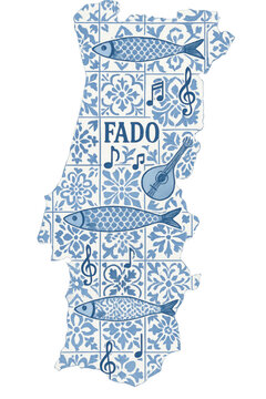 Portugal map with fado music, sardines and traditional azulejos pattern on transparent background