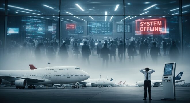 Airline crisis grounded planes and digital chaos at a major international airport due to a massive cyberattack on flight management systems. Cinematic shallow depth of field. stock