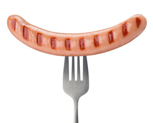 Grilled Sausage with mustard on a fork isolated on white background.