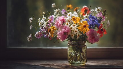 Fototapeta premium Vibrant blossoms in rustic indoor setting illustration images