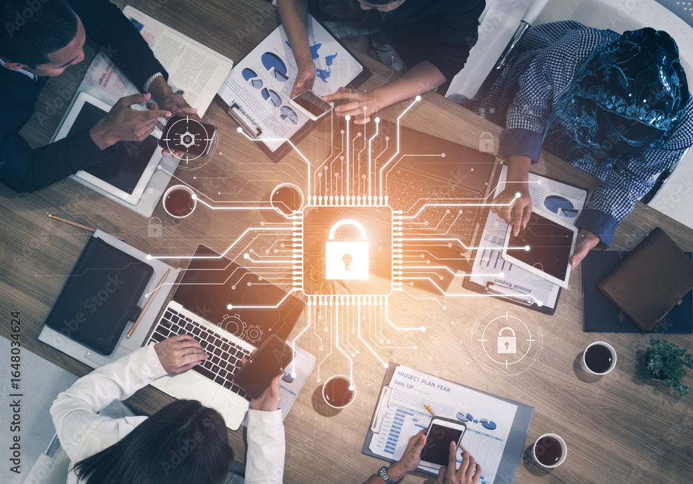 Poster cyber security system protecting digital infrastructure. cyber security ensures data safety, prevent