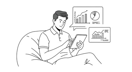 A man sitting comfortably while using a tablet for data visualization, reviewing business analytics and tracking market trends through interactive charts