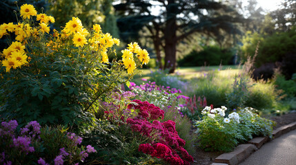 Obraz premium A vibrant garden filled with colorful blooms and gentle light