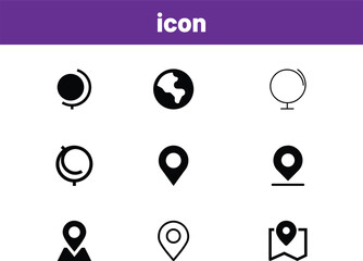 Collection of black location pin and globe icons world