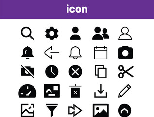 Collection of black user interface icons on white background