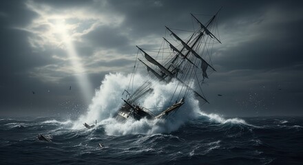 Dramatic ocean storm engulfs vintage sailing ship in fierce waves