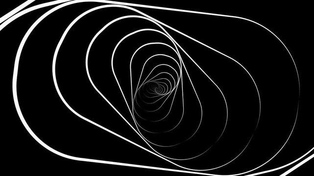 Abstract animation background with swirling white lines on a black backdrop. The lines create a tunnel effect, suggesting depth and movement