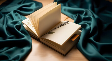 Open book with blank pages rests on a wooden surface, surrounded by flowing, dark teal satin fabric.
