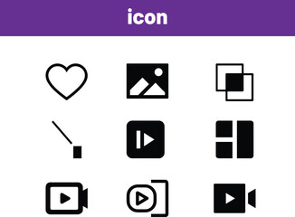 Collection of nine black and white icons on white background