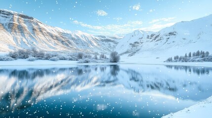 Obraz premium Majestic Winter Wonderland Snow-Capped Mountains and a Tranquil Lake Beneath a Gloomy Sky