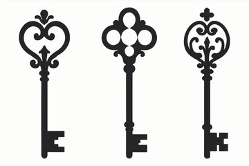 Vintage ornate skeleton keys vector set – antique decorative black key silhouettes, retro lock and security design elements for logo, invitation, and graphic projects