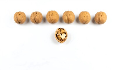 Obraz premium Five whole walnuts, one cracked open