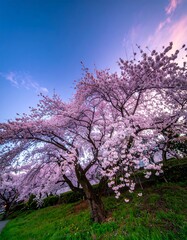 Naklejka premium Cherry blossoms in a spring twilight