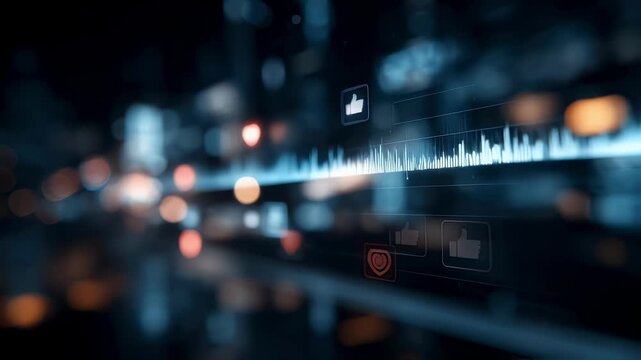 Medium shot of a smart audio moderation tool displaying realtime harmful speech detection with blurred social media interaction icons in the background to convey online community