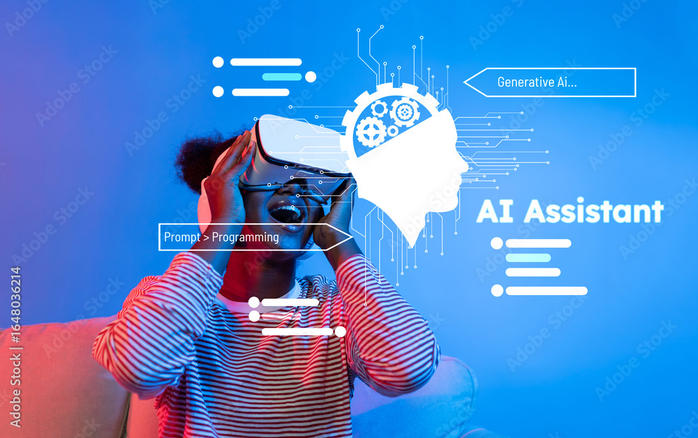 Poster a young person experiences virtual reality while exploring themes of ai assistance and generative te