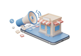Isolated Phone with Store Icon and Megaphone