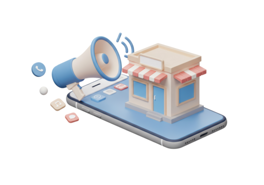 Isolated Phone with Store Icon and Megaphone