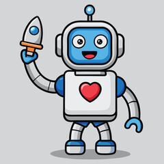 Whimsical cartoon robot with a square head and a prominent antenna suitable for advertising and banners featuring vibrant colors and a playful design